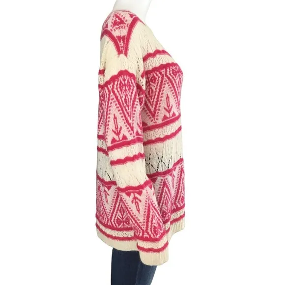 Sundance Brixen Fair Isle V-Neck Sweater Size M Wool Blend Pointelle Pink White