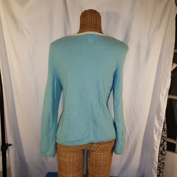 Talbots Petites Women's Blue Long Sleeve V-Neck Lambswool Sweater - Size L