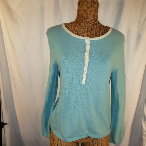 Talbots Petites Women's Blue Long Sleeve V-Neck Lambswool Sweater - Size L
