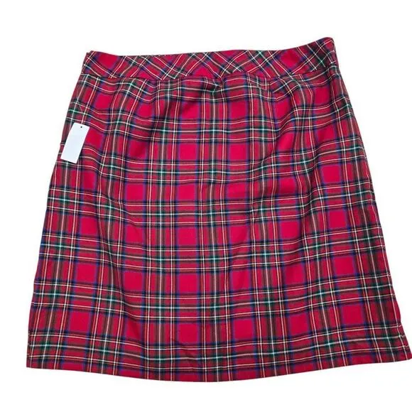 Talbots Straight &amp; Pencil Mni Skirt Women's 12 Petite Red Plaid Hidden Zip Party