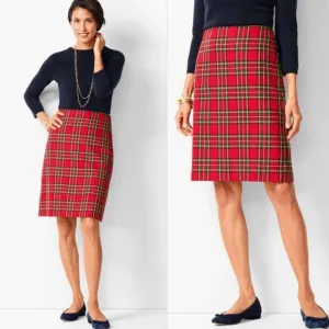 Talbots Straight &amp; Pencil Mni Skirt Women's 12 Petite Red Plaid Hidden Zip Party