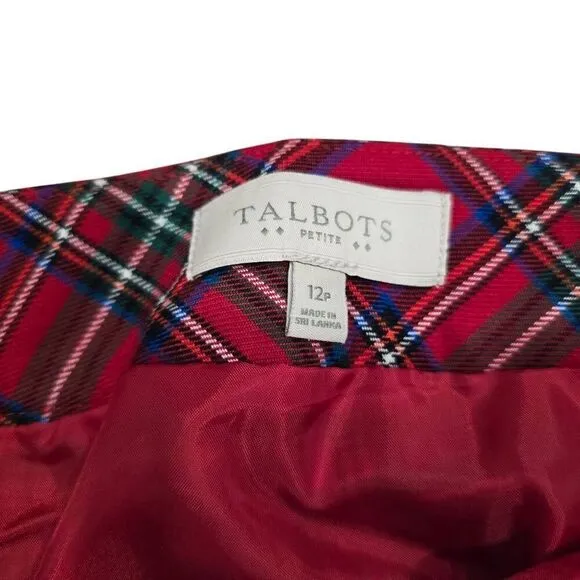 Talbots Straight &amp; Pencil Mni Skirt Women's 12 Petite Red Plaid Hidden Zip Party