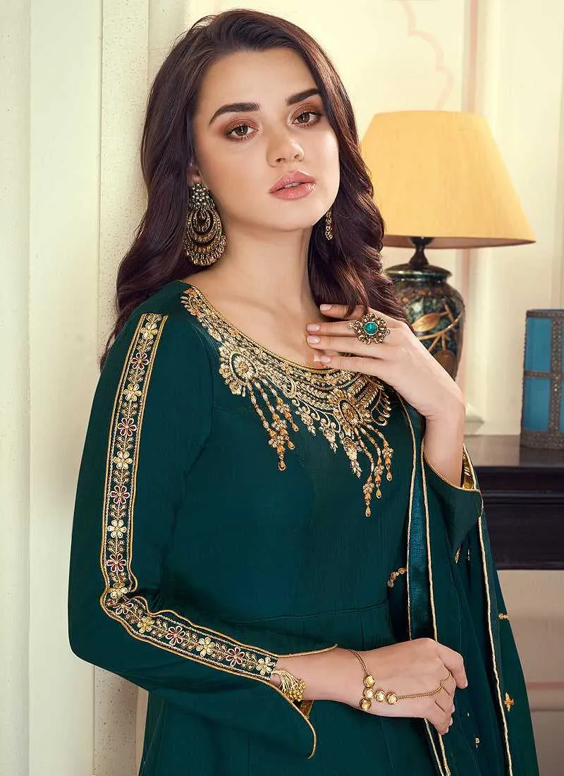 Teal Colored Kalidar Embroidered Silk Voluptuous Gown