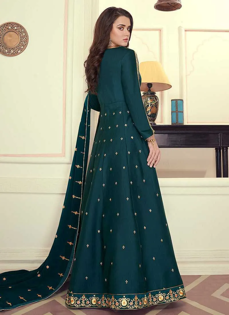 Teal Colored Kalidar Embroidered Silk Voluptuous Gown