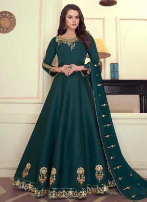Teal Colored Kalidar Embroidered Silk Voluptuous Gown