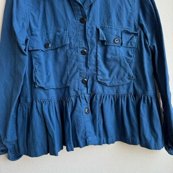 The Great. Flutter Army Jacket Utility Button Blue Cotton Linen Women's 3 Large