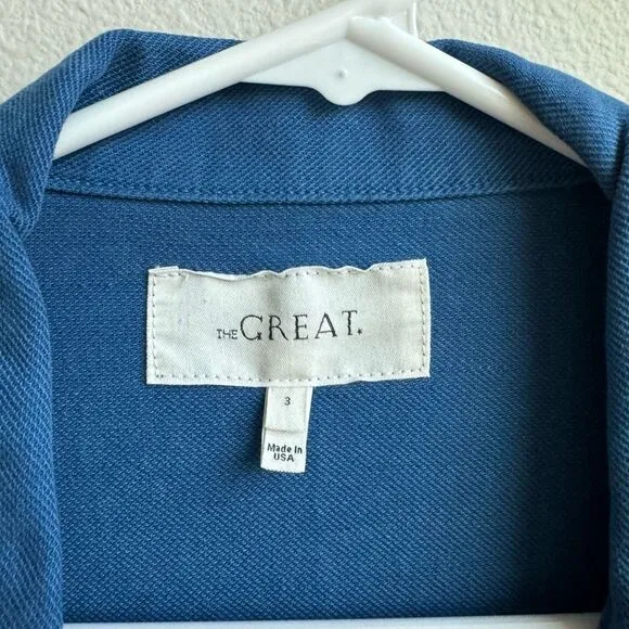 The Great. Flutter Army Jacket Utility Button Blue Cotton Linen Women's 3 Large