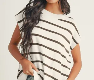 The Pepper Striped Crewneck Short Sleeve Sweater in White
