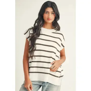 The Pepper Striped Crewneck Short Sleeve Sweater in White
