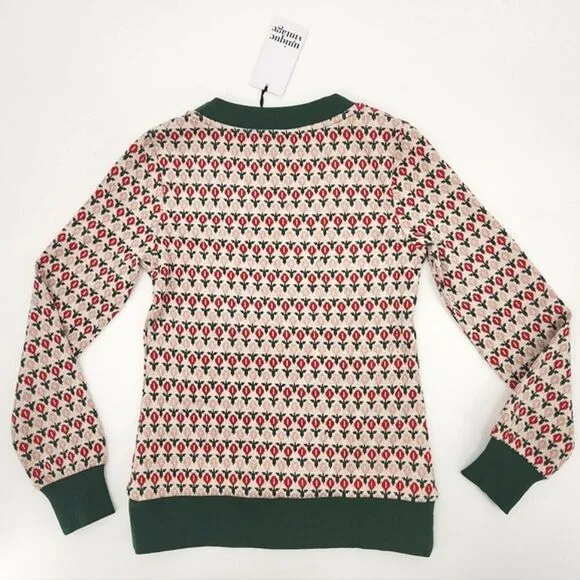 Unique Vintage Beige, Red &amp; Green Tulip Sterling Sweater Womens Size Medium