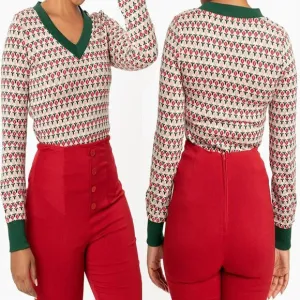 Unique Vintage Beige, Red &amp; Green Tulip Sterling Sweater Womens Size Medium