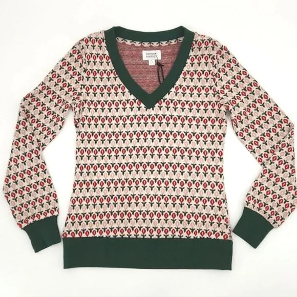 Unique Vintage Beige, Red &amp; Green Tulip Sterling Sweater Womens Size Medium