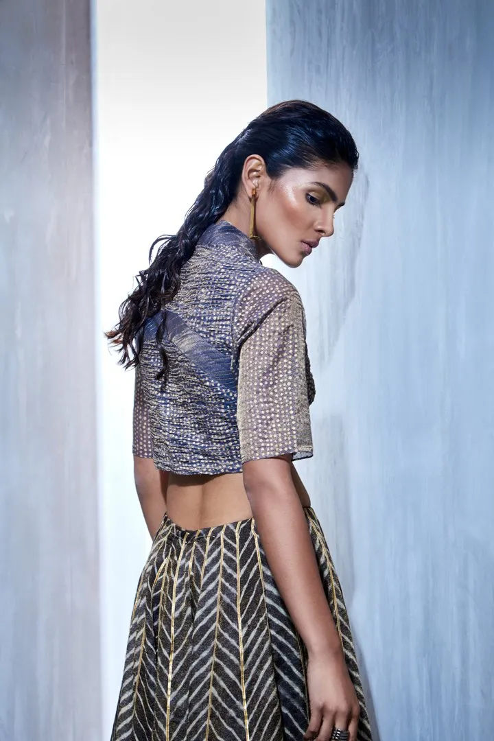 Urvashi Kaur   I   Ruched Polka Block Print Tissue Silk Crop Top