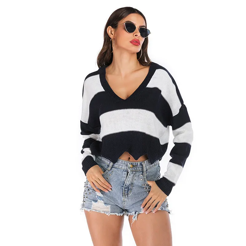 V-neck Black&White Stripe Loose Sweater