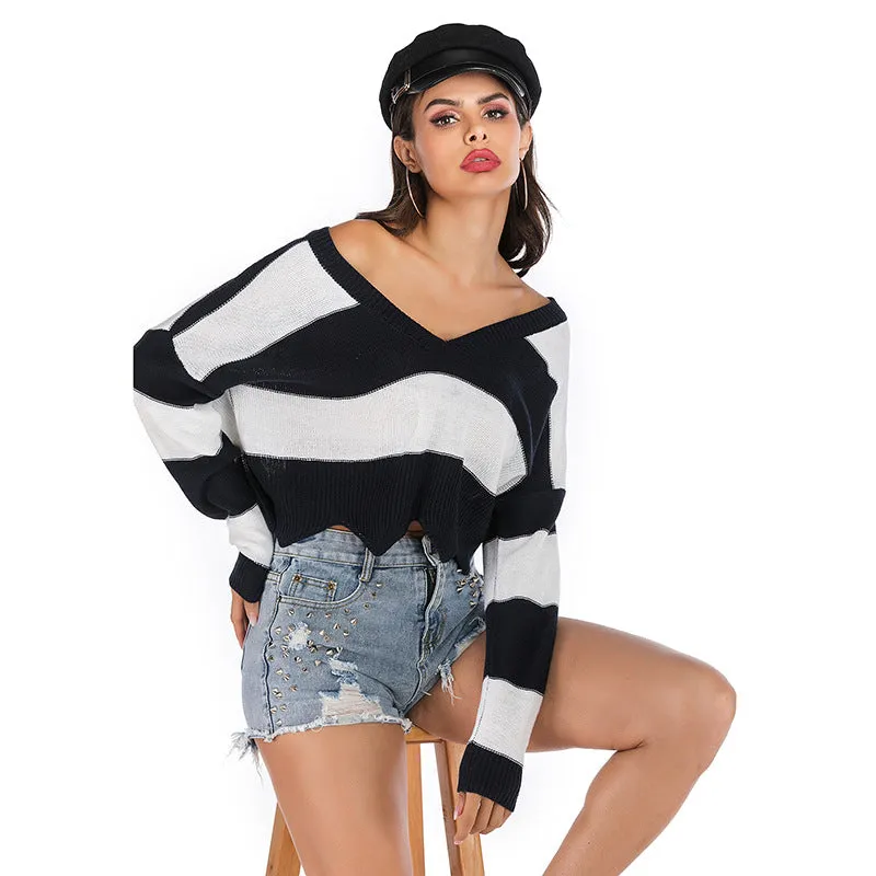 V-neck Black&White Stripe Loose Sweater