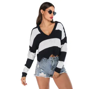 V-neck Black&White Stripe Loose Sweater