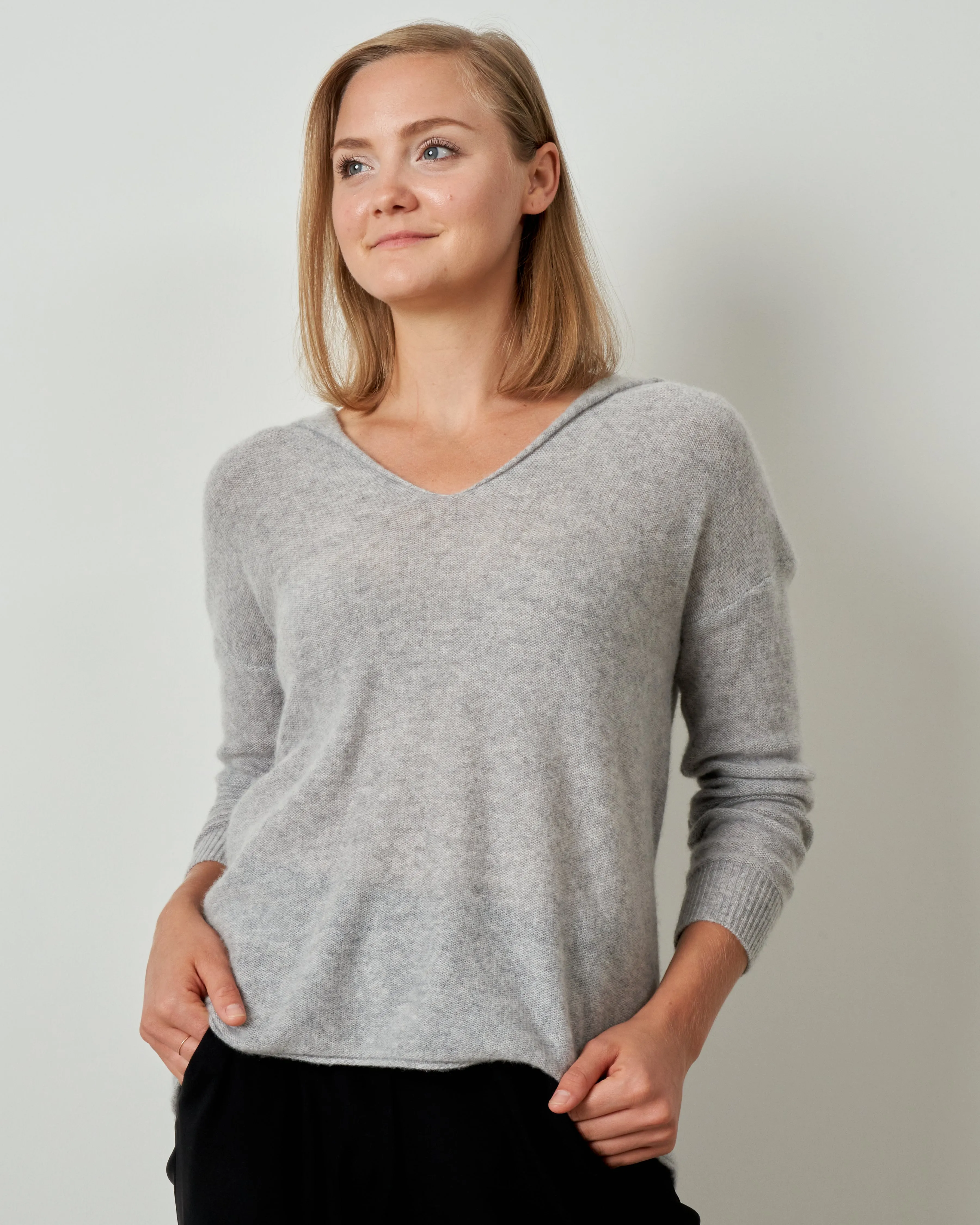 v neck pullover hoodie - cement
