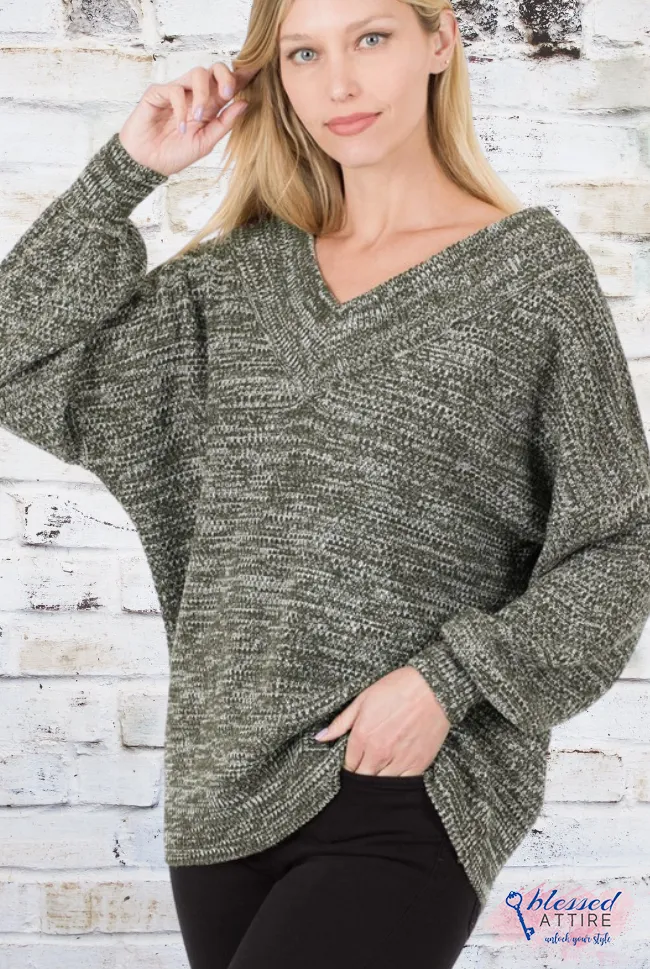 V-neck sweater-OLIVE