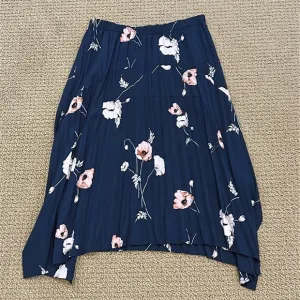 Vince Tossed Poppy A-Line Pleated Tulip Skirt Marine Blue Shark Bite Hem Small