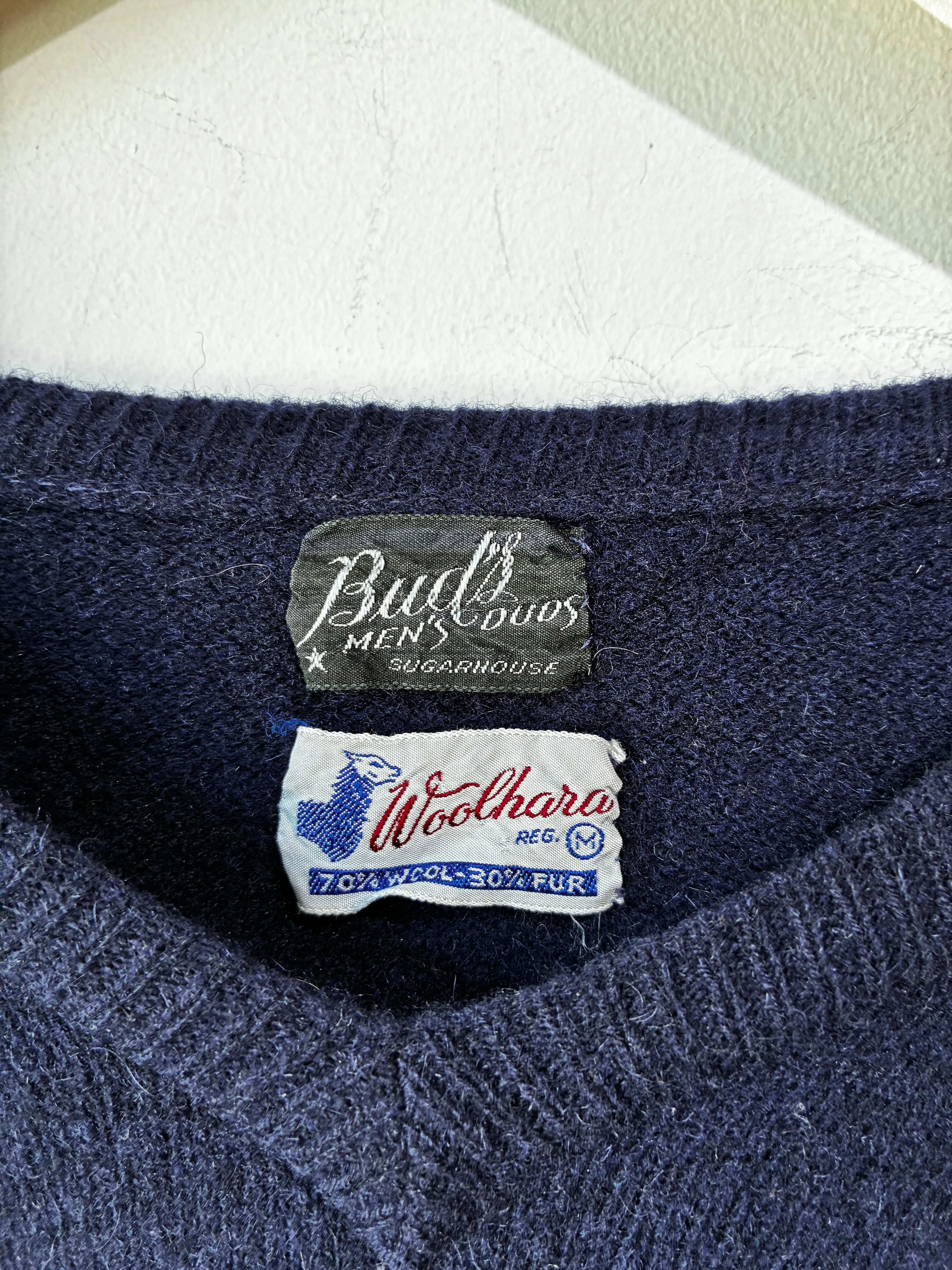 Vintage Bud's Woolhara Navy V-Neck Sweater with Elbow Patches