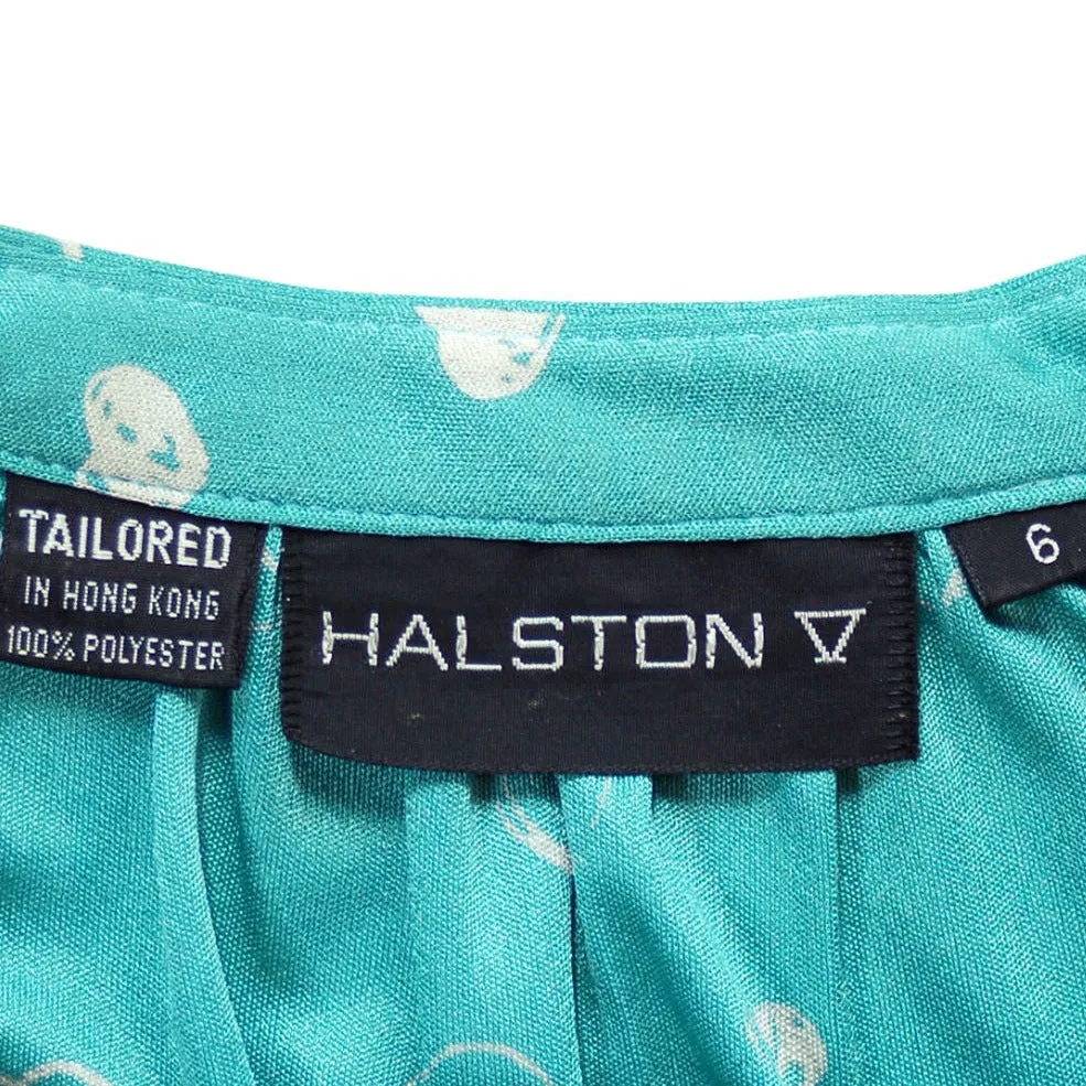 Vintage Halston Skirt and  Blouse Set Suit  1980S Turquoise/White Size 6