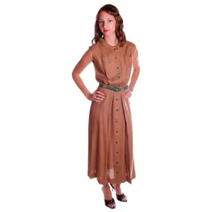 Vintage Mocha Linen Day Dress Green Buttons 1950 Sz 4