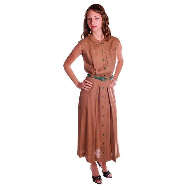 Vintage Mocha Linen Day Dress Green Buttons 1950 Sz 4