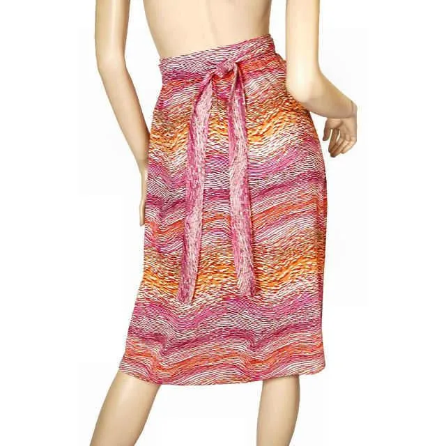 Vintage Wrap Skirt Pink & Orange Printed  Silk Knit  J. Tiktiner 1970S Small
