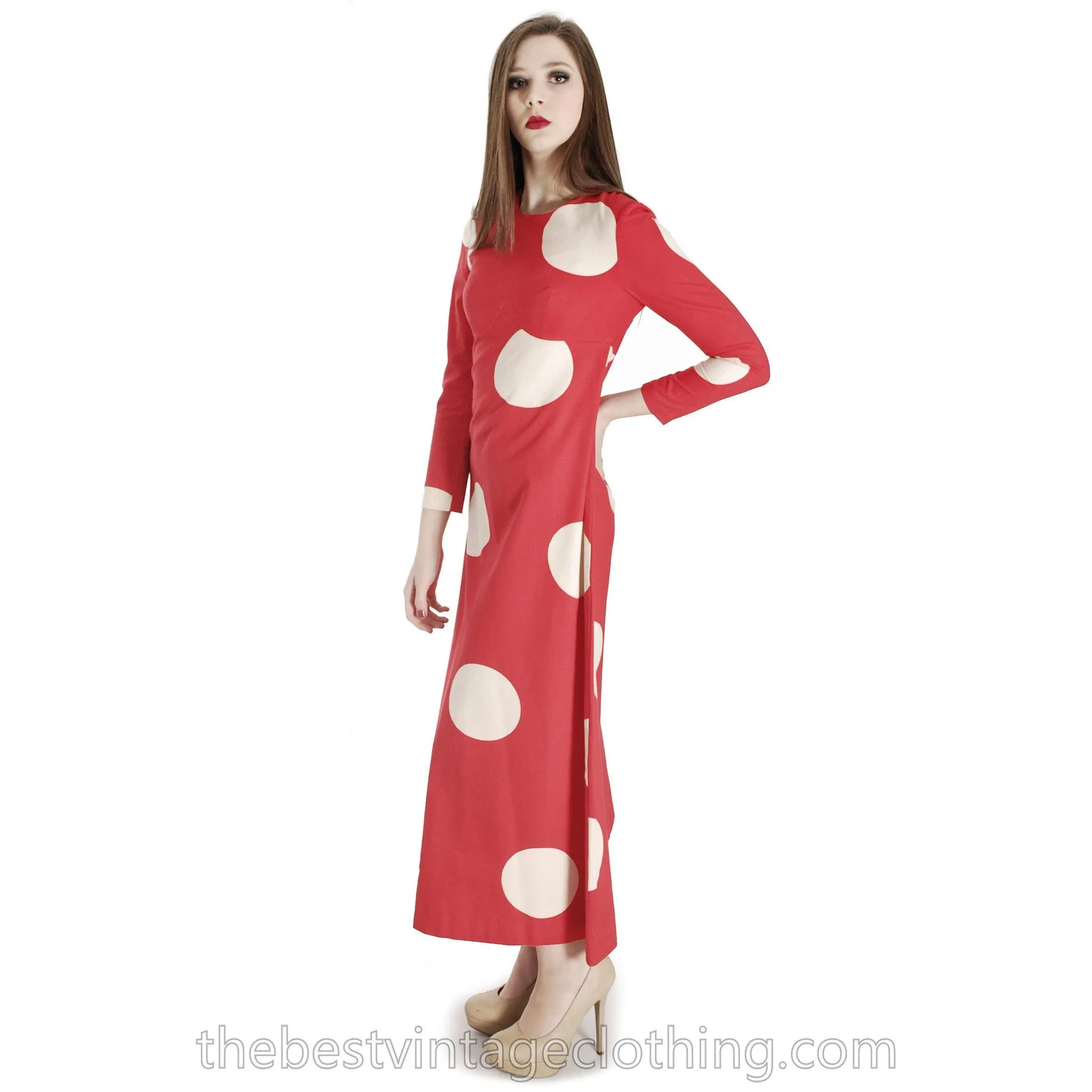 Vtg 1970s Kaisu Heikkilä Maxi Dress Vuokko Designer Fabric Red Polka Dot Maxi