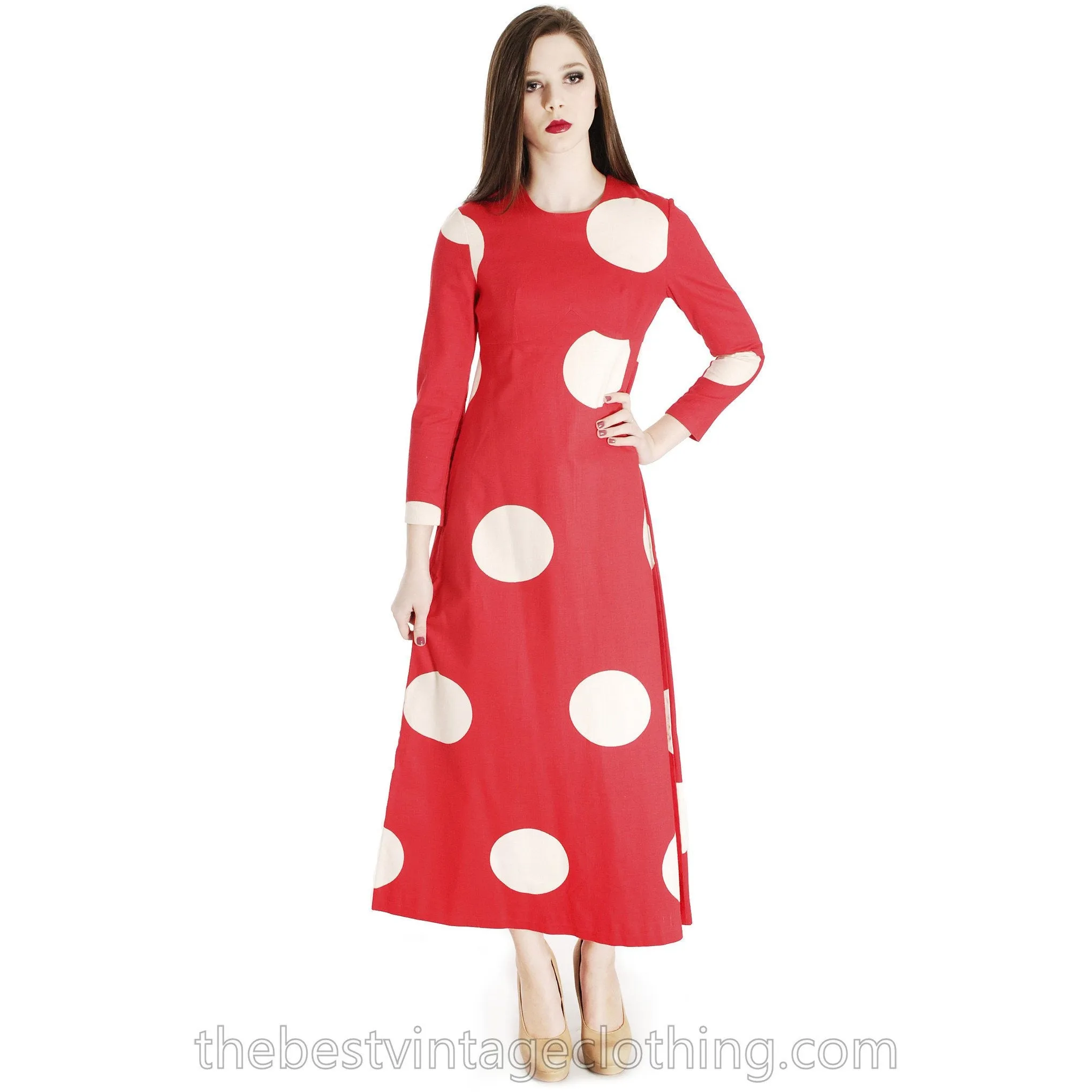 Vtg 1970s Kaisu Heikkilä Maxi Dress Vuokko Designer Fabric Red Polka Dot Maxi