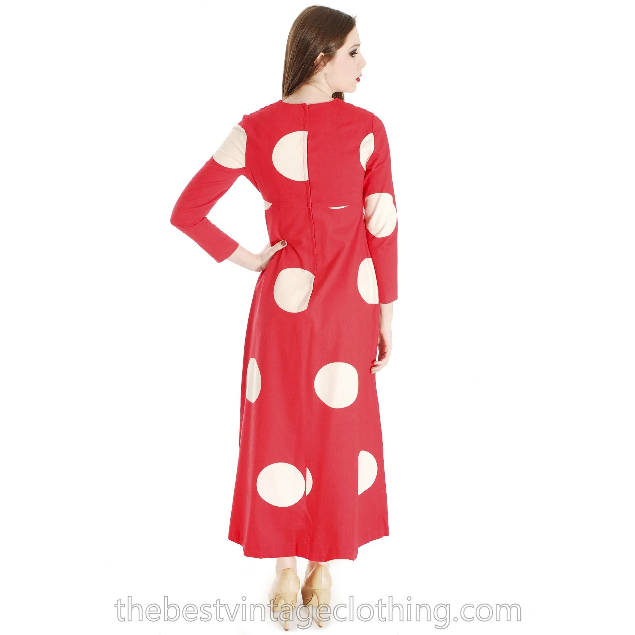Vtg 1970s Kaisu Heikkilä Maxi Dress Vuokko Designer Fabric Red Polka Dot Maxi