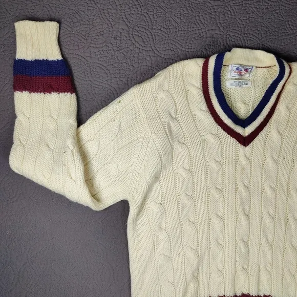 Vtg Henry Pollock V-Neck Pullover Cable Knit Varsity Tennis Cricket Sweater 6