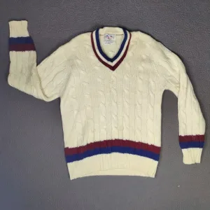 Vtg Henry Pollock V-Neck Pullover Cable Knit Varsity Tennis Cricket Sweater 6