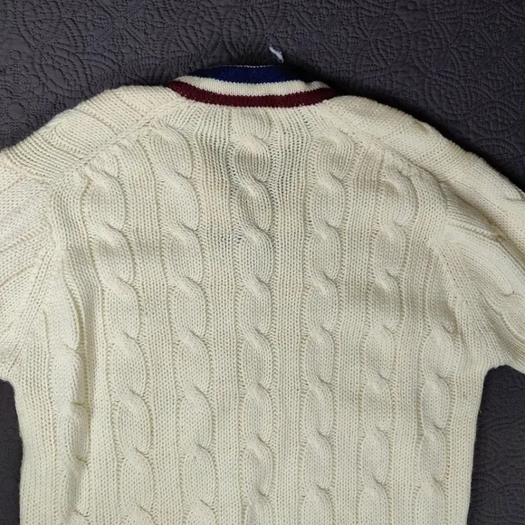 Vtg Henry Pollock V-Neck Pullover Cable Knit Varsity Tennis Cricket Sweater 6