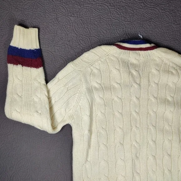 Vtg Henry Pollock V-Neck Pullover Cable Knit Varsity Tennis Cricket Sweater 6