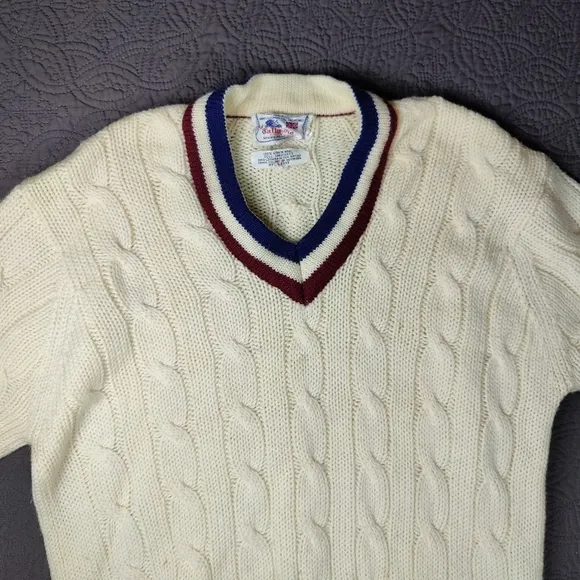 Vtg Henry Pollock V-Neck Pullover Cable Knit Varsity Tennis Cricket Sweater 6