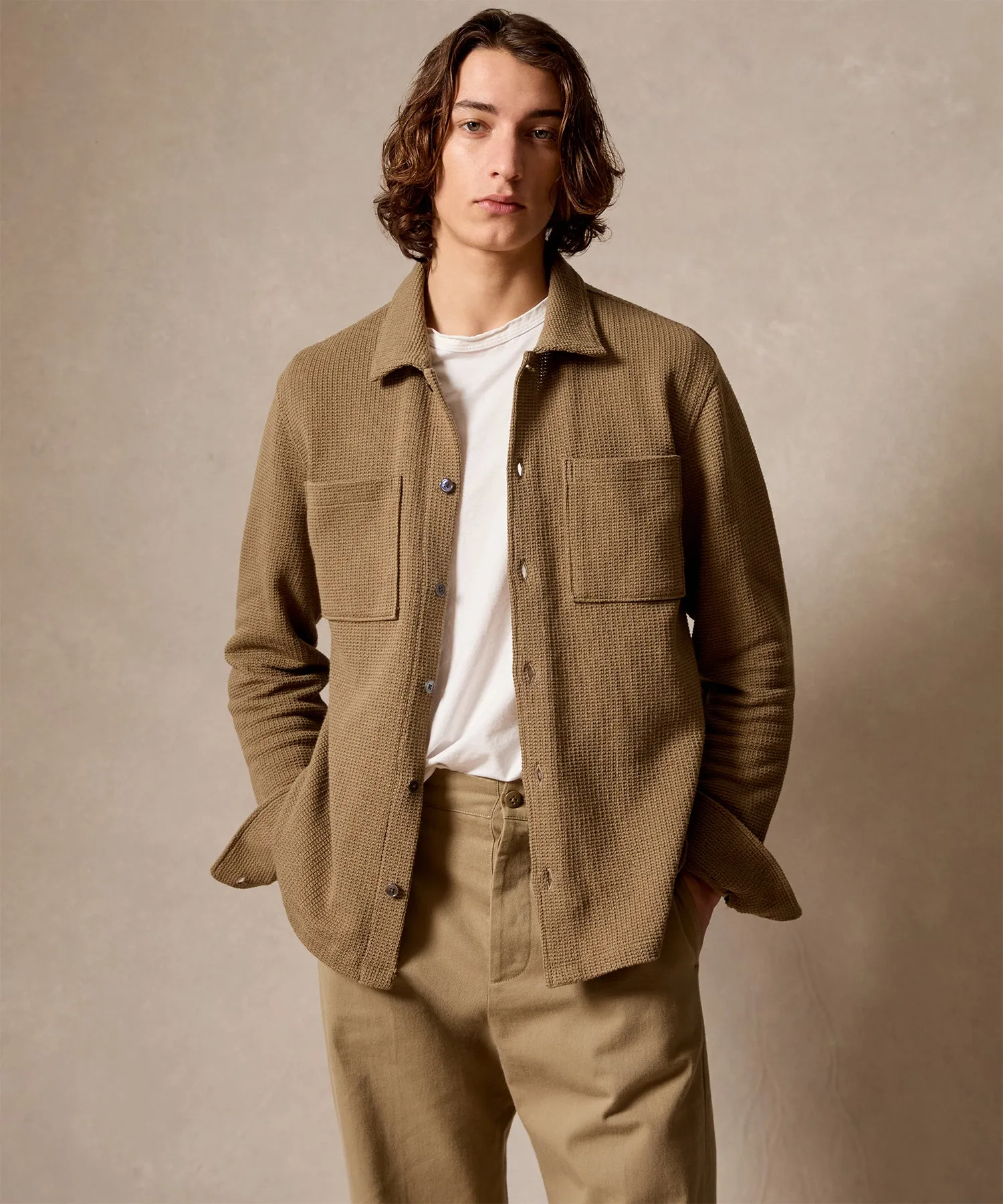 Waffle Full-Placket Polo in Toasted Almond