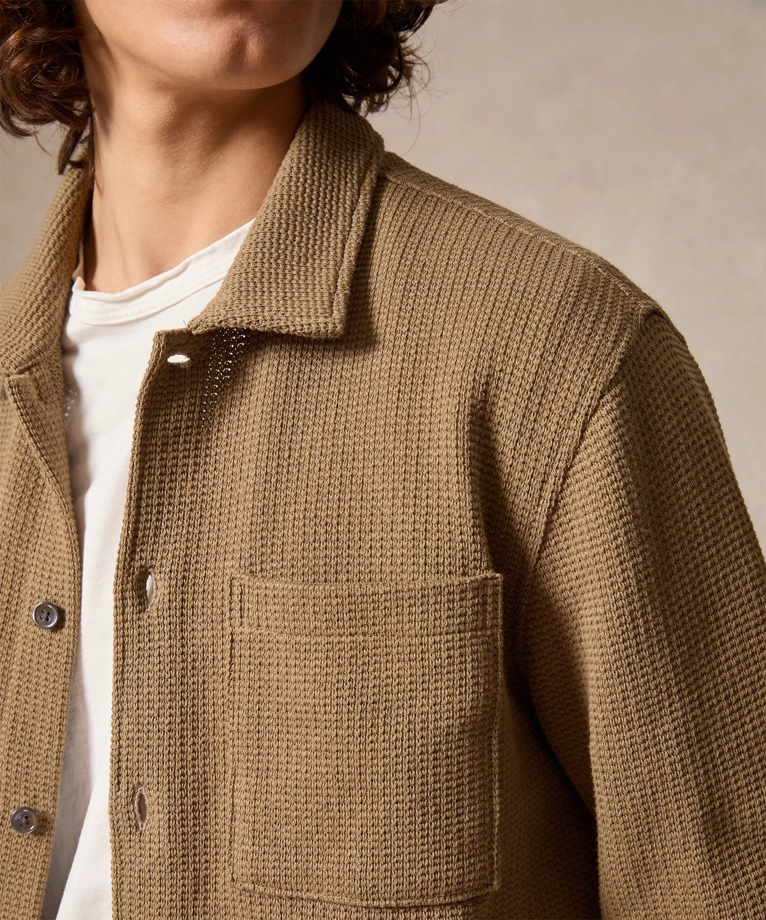 Waffle Full-Placket Polo in Toasted Almond
