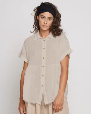 Wash Dyed Tiered Short Sleeve Button-Up Shirt