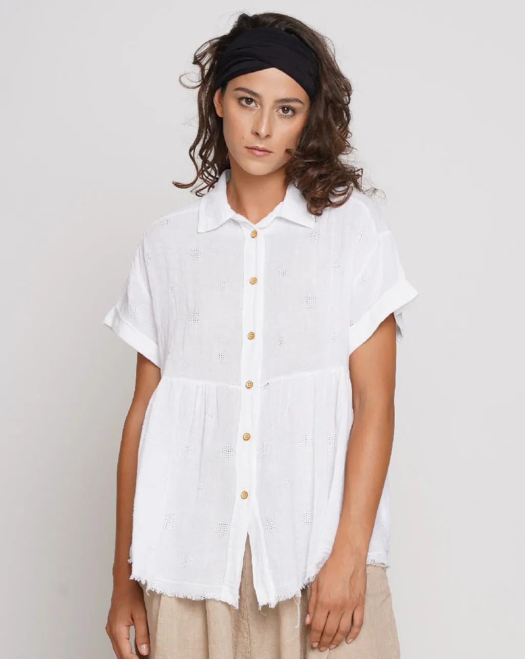 Wash Dyed Tiered Short Sleeve Button-Up Shirt