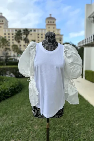 White Crew Neck Top with Puffed Sleeves