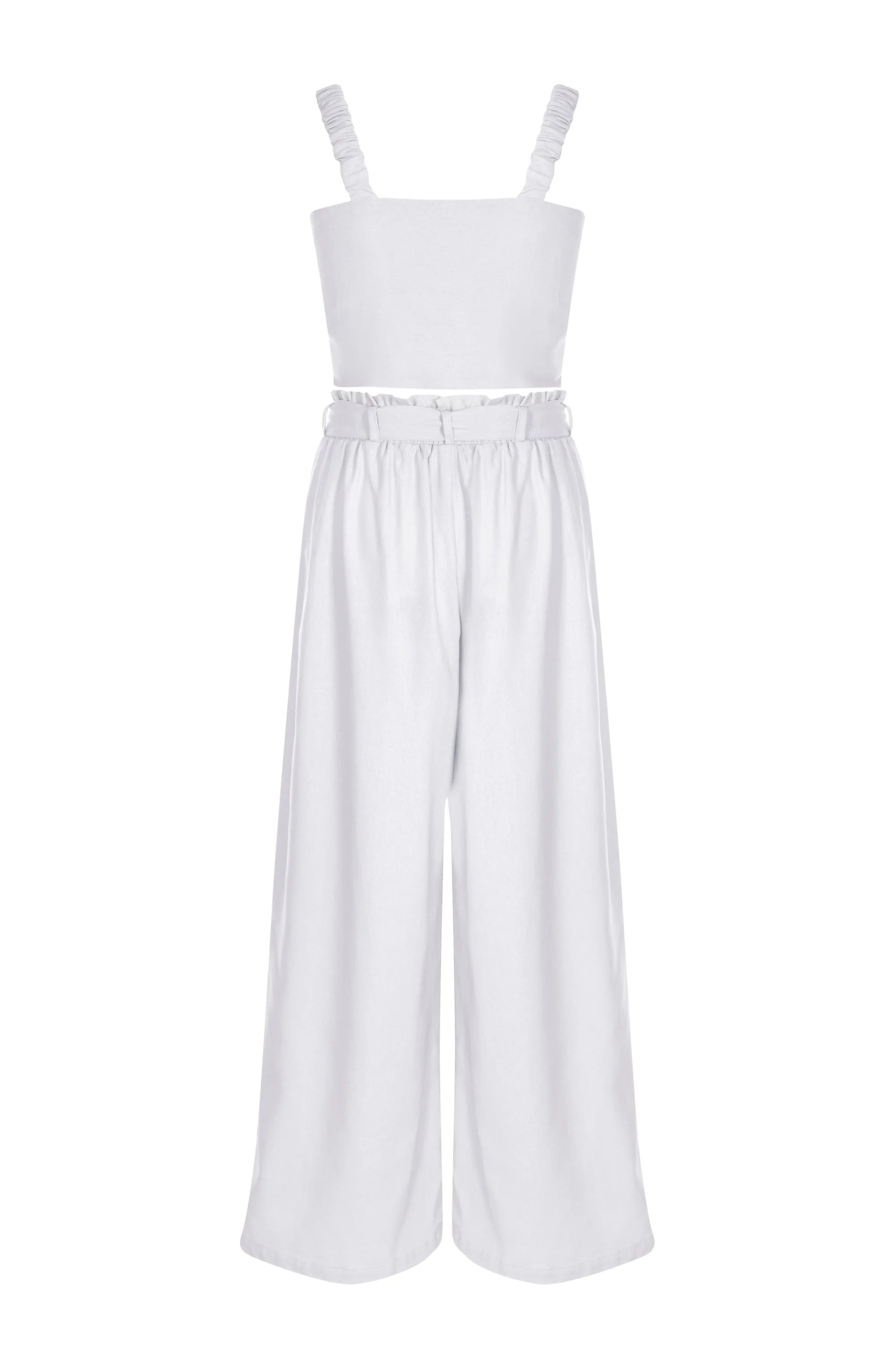 White - Linen Ruched Sleeve Tie Top
