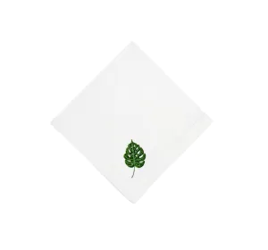 White Linen with Green Monstera Leaf Napkins, Set of 4
