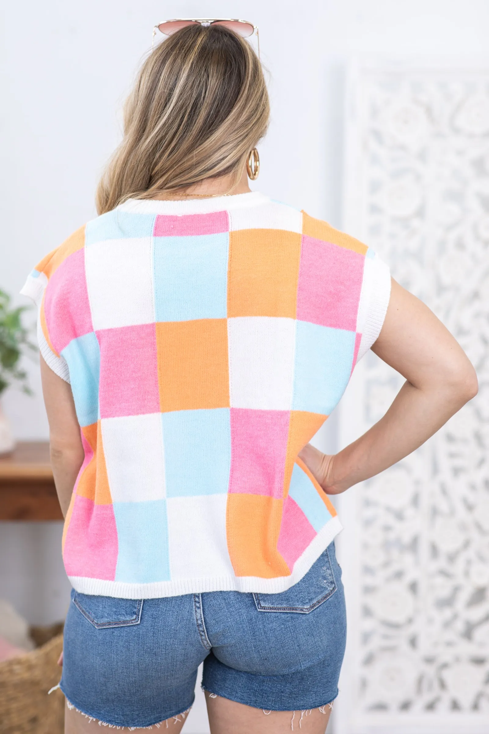 White Multicolor Checker Sweater Vest