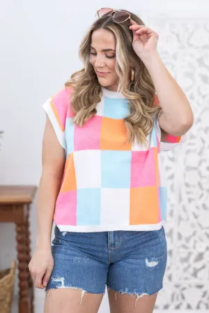 White Multicolor Checker Sweater Vest