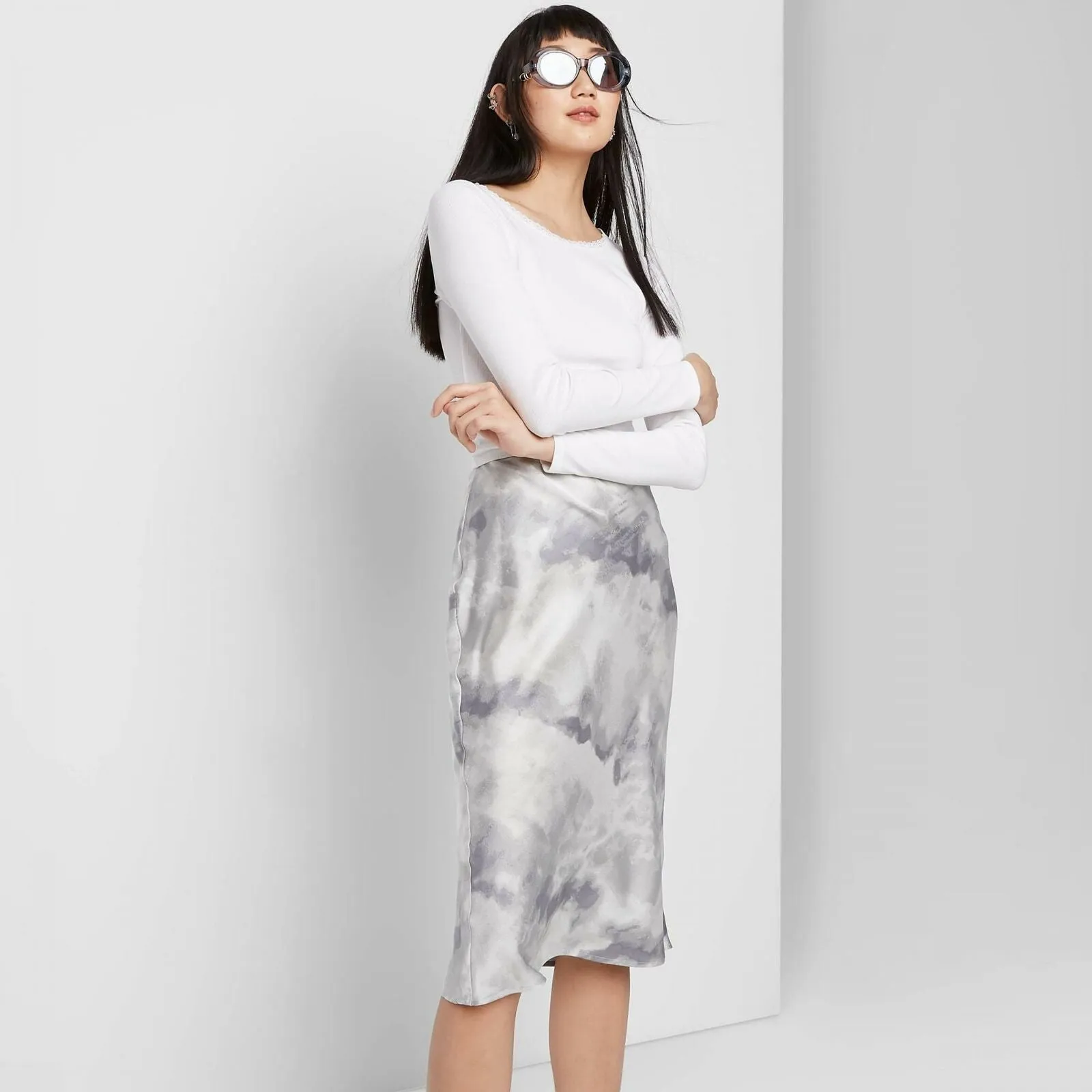 Wild Fable Women's Satin Bias Cut Tie-Dye Midi Skirt