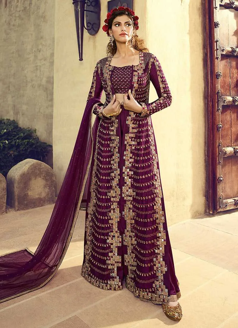 Wine Colour Heavy Embroidered Jacket Style Salwar Suit
