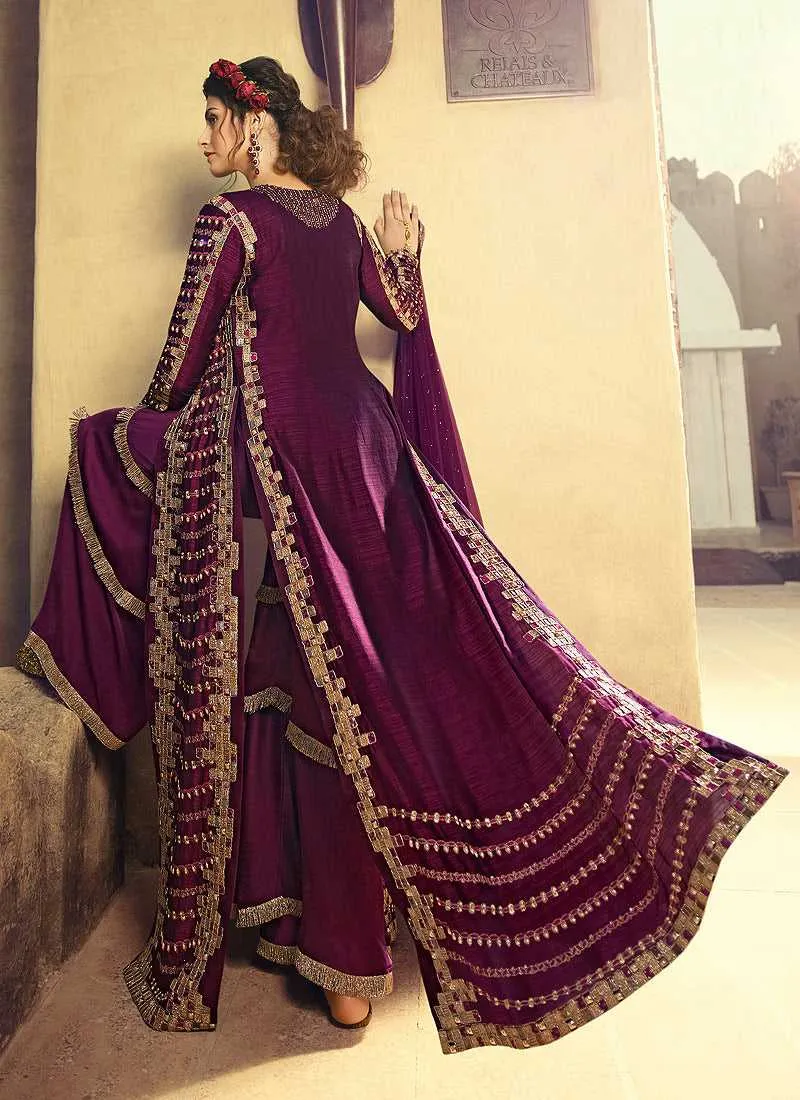Wine Colour Heavy Embroidered Jacket Style Salwar Suit