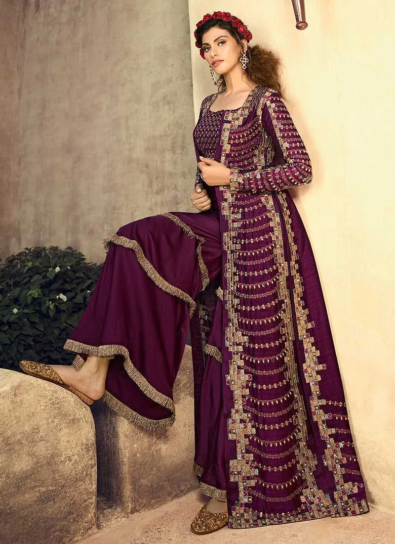 Wine Colour Heavy Embroidered Jacket Style Salwar Suit