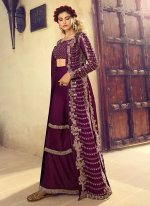 Wine Colour Heavy Embroidered Jacket Style Salwar Suit